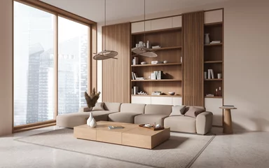 Foto op Plexiglas Beige and wooden living room corner with sofa and bookcase © ImageFlow