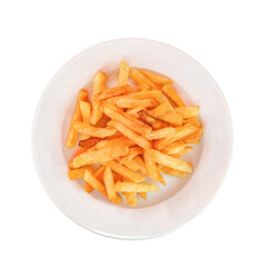 French fries on a white plate, top view, isolated on white background with clipping path