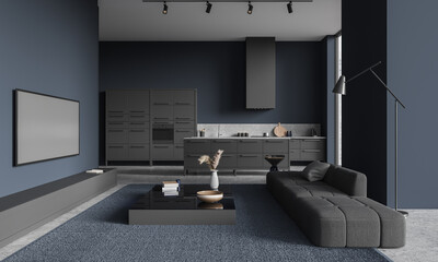 Blue studio interior with sofa and window, kitchen with cooking and relax space