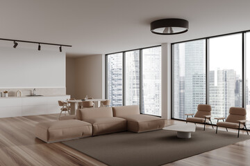 White living room and kitchen corner