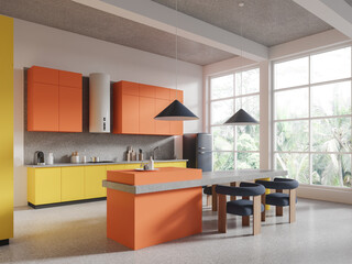 Colorful hotel kitchen interior with eating table, cooking corner and window