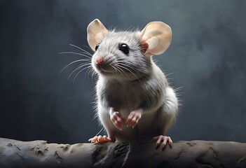Gray rat on a piece of wood on a dark background
