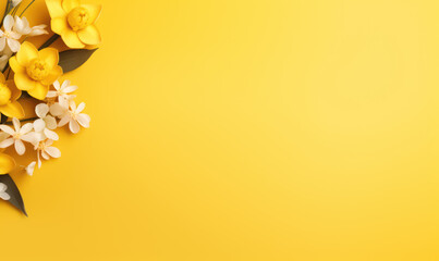 Lovely spring flowers and leaves on side of the yellow background with copy space