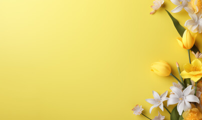 Lovely spring flowers and leaves on side of the yellow background with copy space