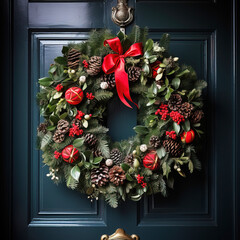 Christmas wreath on the door of the house