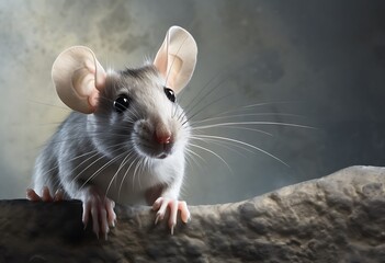Cute gray mouse with long ears on the background of a gray wall