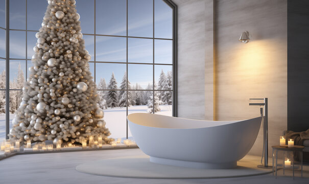 Luxury bathroom interior with Christmas decorations. Bath near window with Christmas tree and candles. A romantic setting for a date, relax time, celebrating Christmas or New Year with mountains view