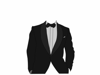 Vector illustration of a formal black fashion stylish Tuxedo men's suit. Wedding background fashion theme concept.