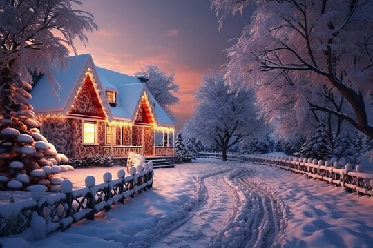 Christmas card with a snowy shining house in the forest at sunset, fabulous magical atmosphere of Christmas. Image.  Generation AI