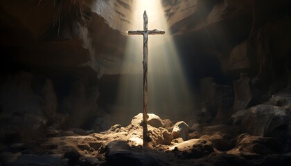 Cross in the cave. 3d rendering. Computer digital drawing. - obrazy, fototapety, plakaty