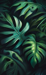 Photo wallpapers for the interior. Mural for the walls. Tropical leaves. The decor is in the grunge style, Generative AI