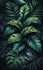 Photo wallpapers for the interior. Mural for the walls. Tropical leaves. The decor is in the grunge style, Generative AI