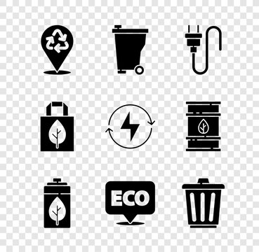 Set Recycle, Trash can, Electric plug, Eco nature leaf and battery, Label for eco healthy food, Shopping bag with recycle and Lightning bolt icon. Vector