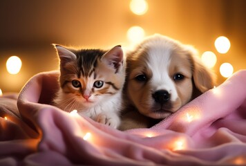 Cute kitten and puppy in bed with garland lights on background