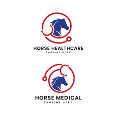 Horse doctor or Horse medical logo design creative concept for animal healthcare with horse and stethoscope