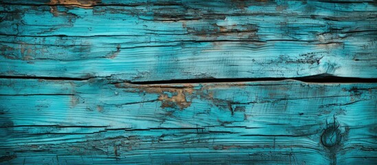 The texture of the wood is a cyan grunge displaying signs of age and decay with its old weathered rotten cracked knotted and coarse appearance - obrazy, fototapety, plakaty