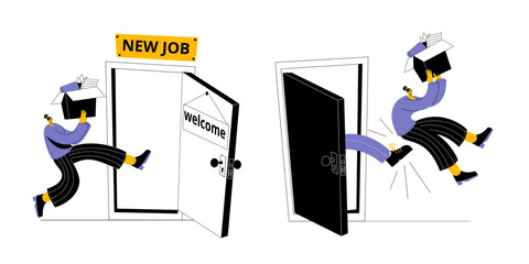 The girl with the box happily goes to a new job. The girl is fired from her job. Vector illustration in cartoon style on the topic of transition to a new job and dismissal. An open door.