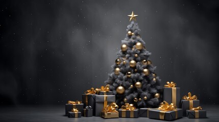 Christmas tree with baubles and burning candles in dark room 3D rendering