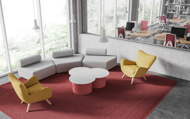 Top view of business interior with chill and workspace with panoramic window
