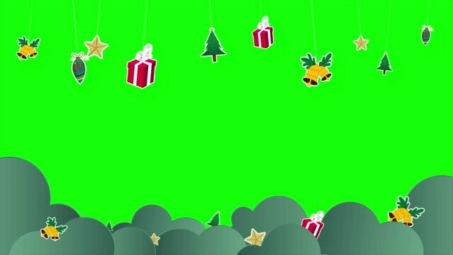 decoration of stars, christmas tree, giftbox, christmas bells and lamps, papercut style, 4K green screen animation.