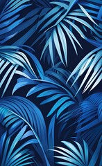Mural, wallpaper. Palm leaves, graphics. Blue tone, Generative AI