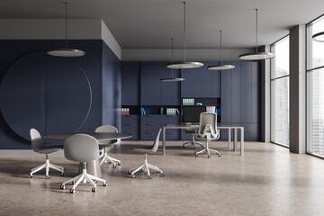 Blue office interior with meeting and coworking zone, panoramic window - obrazy, fototapety, plakaty