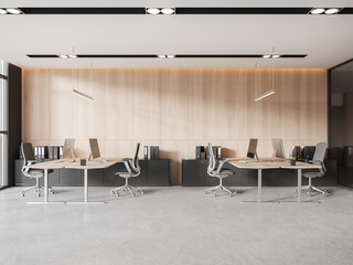 Stylish office workplace interior with pc desktop on shared desk, window