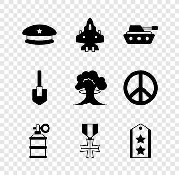 Set Military beret, Jet fighter, tank, Hand smoke grenade, reward medal, rank, Shovel and Nuclear explosion icon. Vector