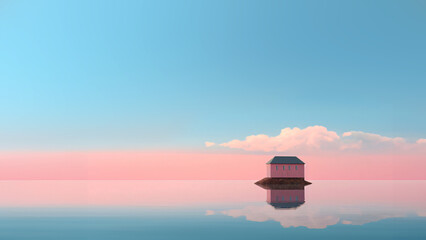 minimalist house on a lake in a quiet atmosphere in pastel colors