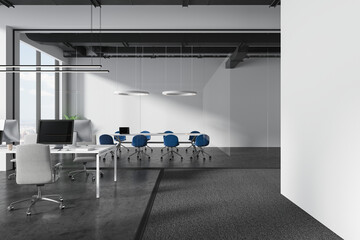 Modern office interior with meeting room and coworking, panoramic window