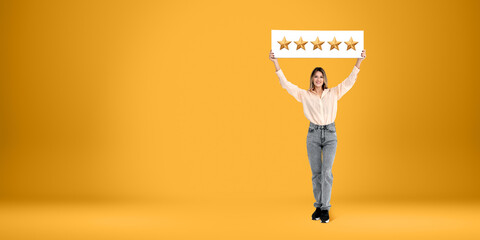 Happy woman holding five stars sign - Powered by Adobe