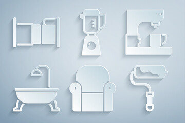 Set Armchair, Coffee machine, Bathtub, Paint roller brush, Blender and Bed icon. Vector