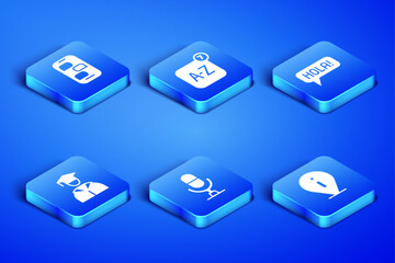 Set Information, New chat messages notification, Microphone voice device, Graduate and graduation cap, Online translator and Hola different languages icon. Vector