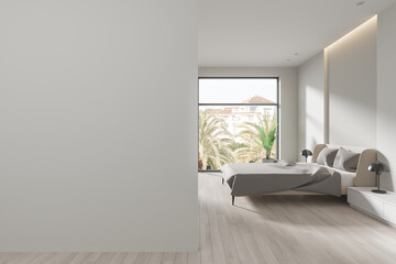 Cozy hotel bedroom interior with bed and decor, panoramic window. Mockup wall