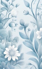 Fototapeta na wymiar Floral decorative wallpaper in pastel blue tone. Delicate, light-toned pattern with botanical elements. Nature-inspired poster for accent wall. Wall decor and mural for nursery. Flowers, Generative AI