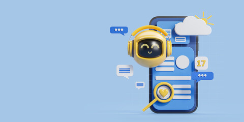 Fototapeta premium Smartphone screen with speech bubbles and robot icon, copy space