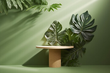 ooden podium display with leaf shadow composition for product presentation