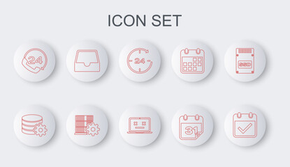 Set line Calendar with check mark, Setting database server, Clock 24 hours, Telephone support, Social media inbox, Server setting and Dead laptop icon. Vector