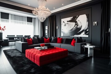 Sleek monochrome lounge with a touch of red. Generative AI