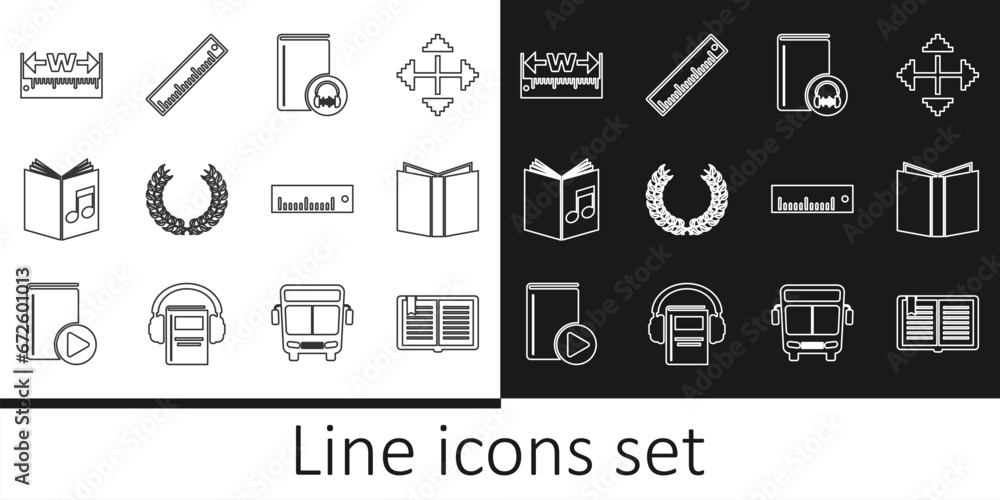 Poster set line open book, audio, laurel wreath, measuring height and length, ruler and icon. vector