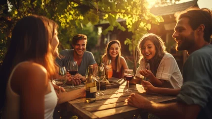 Fototapeten Happy friends having fun outdoor. Group of friends having backyard dinner party together. Young people sitting at bar table toasting wine glasses in vineyards garden. Generative Ai © Nisa
