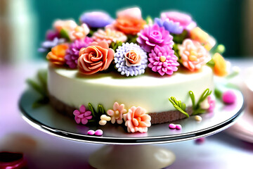 On an anniversary, a flower-decorated cake decorated with beautiful flowers makes a wonderful gift. Generative AI.