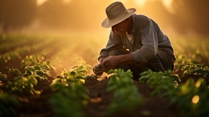 An elderly farmer sows fertilizer in a bright green cotton field.