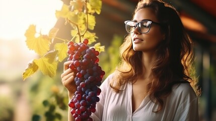 Beautiful young woman wearing rings looks at camera standing and examining grapes in a farm