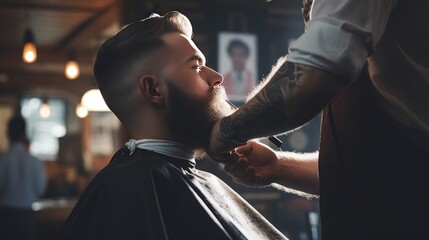 A barber uses golden clippers to trim a man's beard in a barber shop. - obrazy, fototapety, plakaty