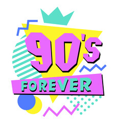 Colorful 90s logo vector flat illustration in pop art style. The 90s forever. Ninety years emblem numeral retro symbol isolated on white. Aesthetic background of fashion and graphics of the eighties