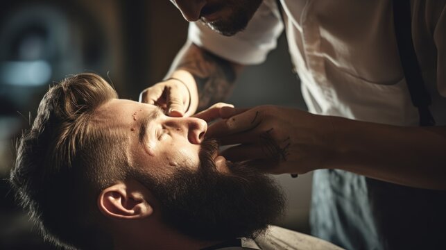 A barber uses golden clippers to trim a man's beard in a barber shop.