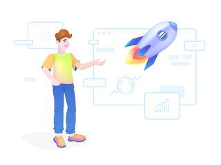 The boy stands and points to charts and open applications. The rocket takes off along with the charts. The concept of successful investment. Vector illustration for your business.