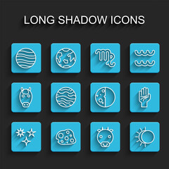 Set line Falling star, Asteroid, Planet Jupiter, Ox zodiac, Eclipse of the sun, Venus, Palmistry hand and icon. Vector