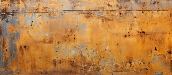 The aged zinc coated panel exhibits a rusty yellowish hue on its uneven texture The texture of the metallic sheet is rough and stained